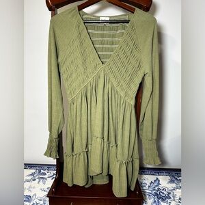 Peach Love Olive Green Long Sleeve Dress- Deep V, Must Pair with Pants, Small